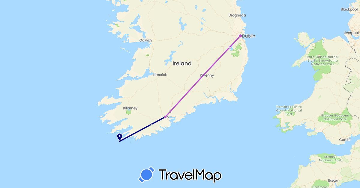 TravelMap itinerary: driving, train in Ireland (Europe)